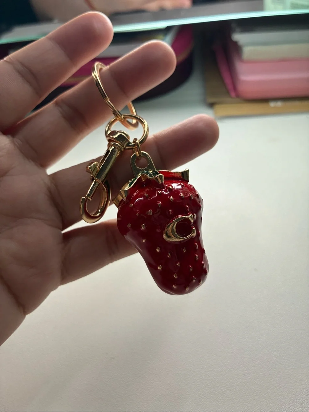 Gold-Tone Red Strawberry Key & Card Holder Charm